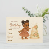 キュートなアフリカ系アメリカ人のちびキャラ女子の誕生日招待状 招待状 (スタンド正面)