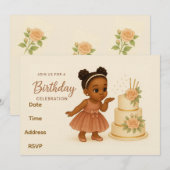 キュートなアフリカ系アメリカ人のちびキャラ女子の誕生日招待状 招待状 (正面/裏面)