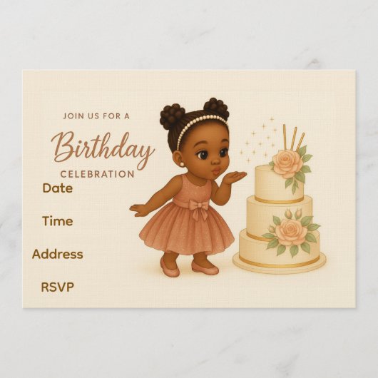 キュートなアフリカ系アメリカ人のちびキャラ女子の誕生日招待状 招待状 (正面)