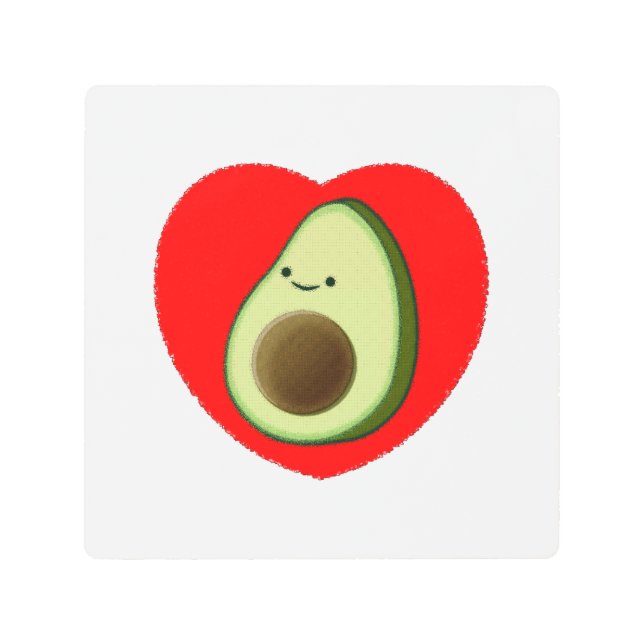 キュートなアボカドの漫画赤いハートタペストリー メタルプリント (正面)