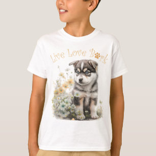 キュートなアラスカンマラミュートの花柄デザイン Tシャツ