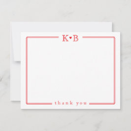 キュートなイニシャル 赤いハートのThank You ノートカード