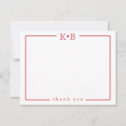 キュートなイニシャル 赤いハートのThank You ノートカード (正面)