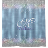 キュートなイリデスゲンアイスブルーフェイクグリッターモノグラム シャワーカーテン (正面)