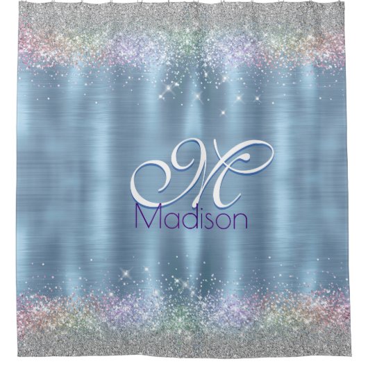 キュートなイリデスゲンアイスブルーフェイクグリッターモノグラム シャワーカーテン (正面)