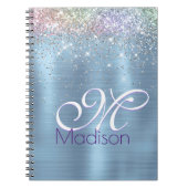 キュートなイリデスゲンアイスブルーフェイクグリッターモノグラム ノートブック (正面)