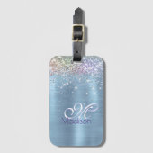キュートなイリデスゲンアイスブルーフェイクグリッターモノグラム ラゲッジタグ (正面縦)