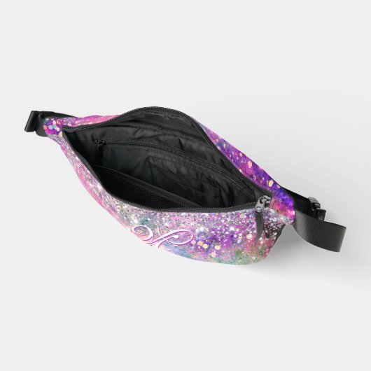 キュートなイリデセン銀フェイクグリッターモノグラム ファニーパック (見開き)