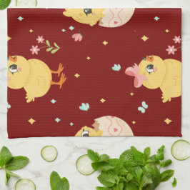 キュートなイースターのひよこ ピンクのリボンのシームレスパターン  キッチンタオル