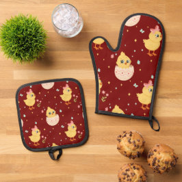 キュートなイースターのひよこ ピンクのリボンのシームレスパターン  鍋つかみ&鍋敷きセット