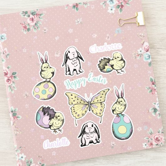 キュートなイースターシック、バニー、バタフライ&名前をカスタムする シール