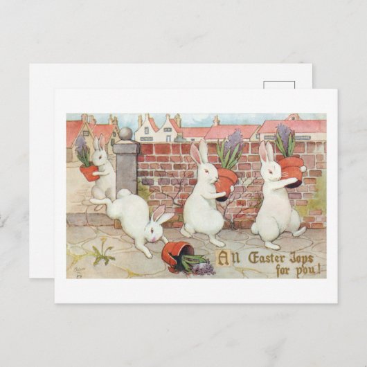 キュートなイースターバニーが鉢植えのヒアシンスを盗む シーズンポストカード (正面/裏面)