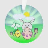 キュートなイースターバニーとシックな着色イースターエッグ オーナメント (正面)