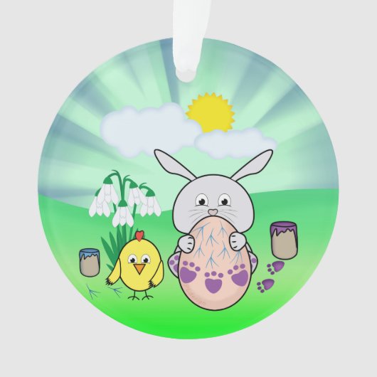 キュートなイースターバニーとシックな着色イースターエッグ オーナメント (正面)