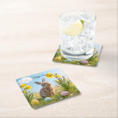 キュートなイースターバニーとダッフォディル スクエアペーパーコースター (インサイチュ)