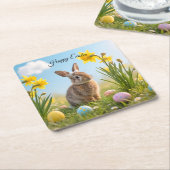 キュートなイースターバニーとダッフォディル スクエアペーパーコースター (アングル)