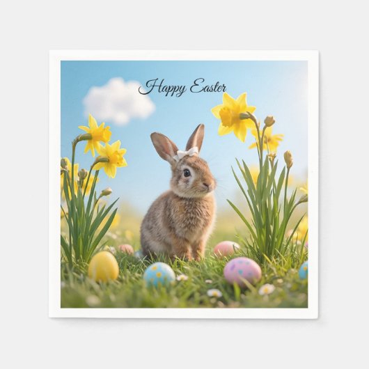 キュートなイースターバニーとダッフォディル スタンダードカクテルナプキン (正面)