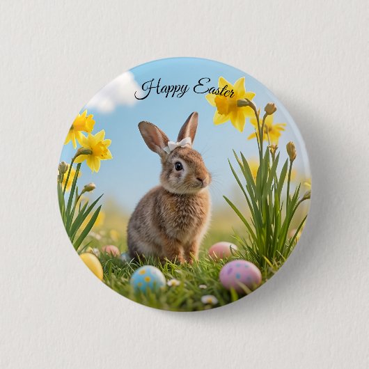 キュートなイースターバニーとダッフォディル 缶バッジ (正面)
