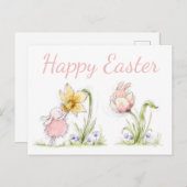 キュートなイースターバニーと水仙の芸術 ポストカード (正面/裏面)