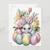 キュートなイースターバニーカラフル卵と花 シーズンポストカード (正面/裏面)
