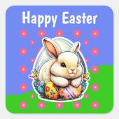 キュートなイースターバニーピンクの花柄 スクエアシール (正面)