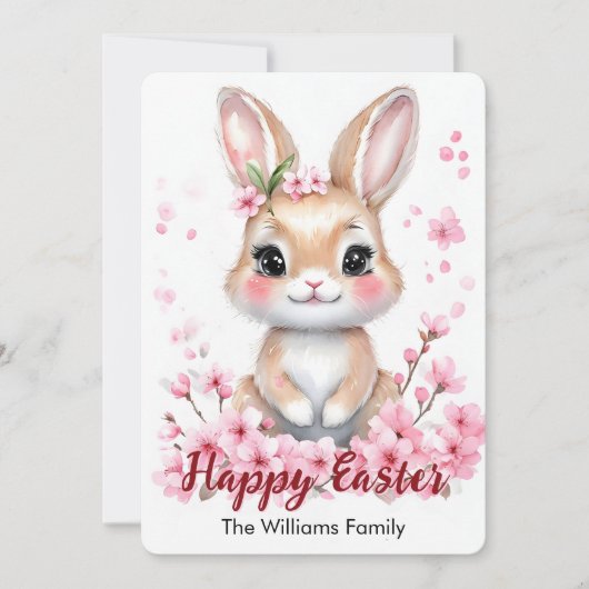 キュートなイースターバニーピンクの花 シーズンカード (正面)