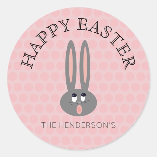 キュートなイースターバニーピンクパーソナライズされたドット ラウンドシール (正面)