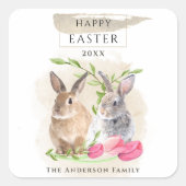 キュートなイースターバニー |ハッピーイースター水彩アート スクエアシール (正面)