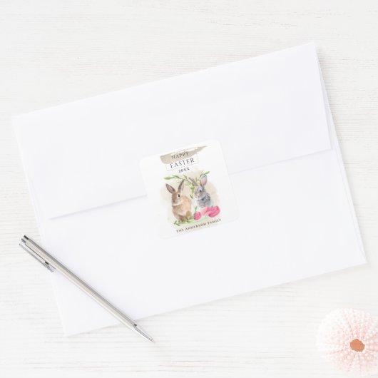 キュートなイースターバニー |ハッピーイースター水彩アート スクエアシール (封筒)