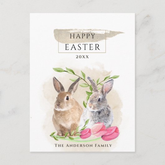 キュートなイースターバニー |ハッピーイースター水彩アート ポストカード (正面)