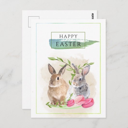 キュートなイースターバニー |ハッピーイースター水彩アート ポストカード (正面/裏面)