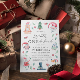 キュートなウィンター・ワンダーランド クリスマス 1歳の誕生日 招待状