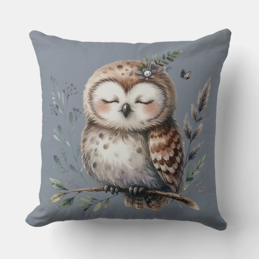 キュートなウオーターカラーフクロウとフローラウッドランドスタイル クッション (正面)