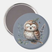 キュートなウオーターカラーフクロウとフローラウッドランドスタイル マグネット (正面/裏面)