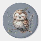 キュートなウオーターカラーフクロウとフローラウッドランドスタイル マグネット (正面)