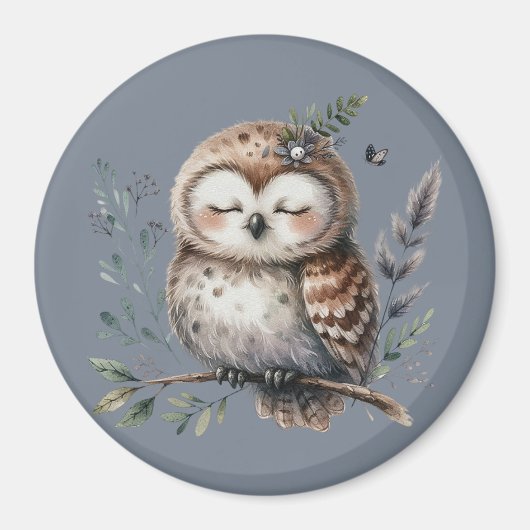 キュートなウオーターカラーフクロウとフローラウッドランドスタイル マグネット (正面)