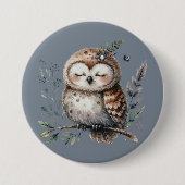 キュートなウオーターカラーフクロウとフローラウッドランドスタイル 缶バッジ (正面)