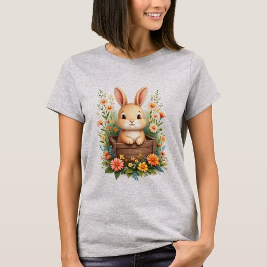 キュートなウサギのフラワーガーデン水彩Tシャツ Tシャツ (正面)
