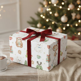 キュートなウッドランドアニマル クリスマス ラッピングペーパー