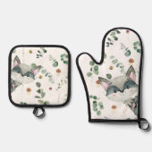 キュートなウッドランドアライグマ緑のハチのキノコ 鍋つかみ&鍋敷きセット (正面)