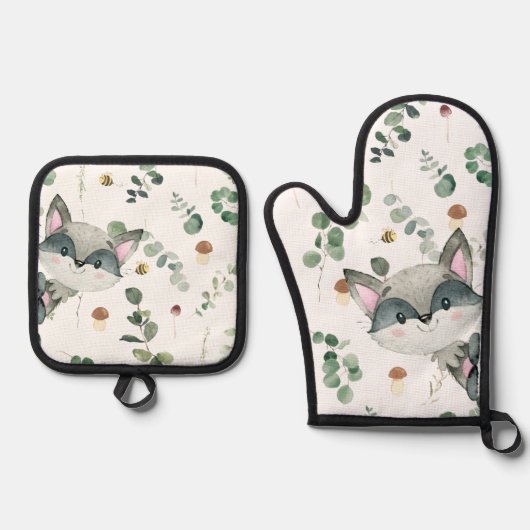 キュートなウッドランドアライグマ緑のハチのキノコ 鍋つかみ&鍋敷きセット (正面)