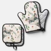 キュートなウッドランドアライグマ緑のハチのキノコ 鍋つかみ&鍋敷きセット (正面/裏面)