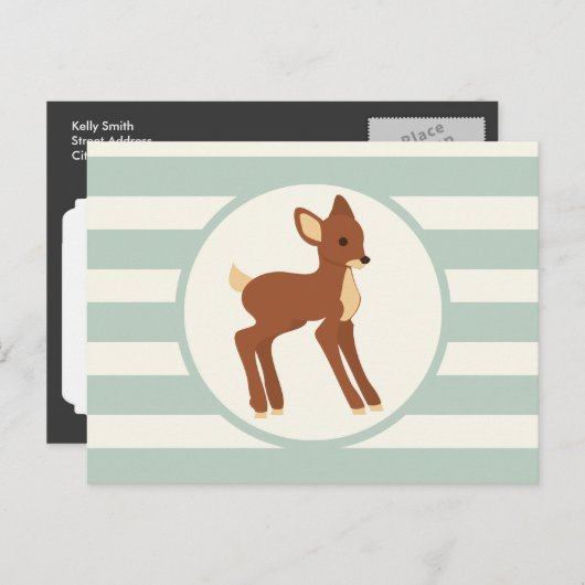 キュートなウッドランドディアー;セージ緑のストライプ ポストカード (正面/裏面)