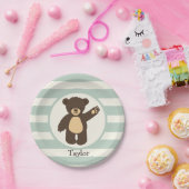 キュートなウッドランドブラウンベア;セージ緑のストライプ ペーパープレート (パーティー)