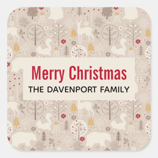キュートなウッドランド動物の北欧パターンクリスマス スクエアシール (正面)