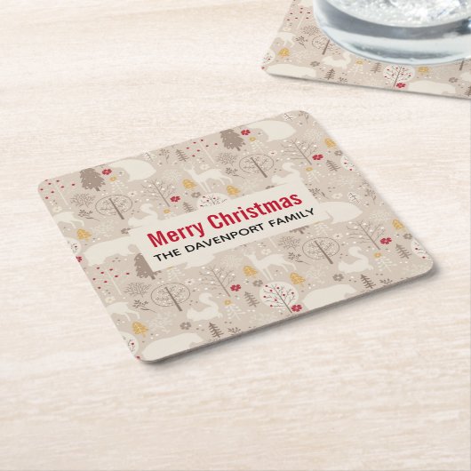 キュートなウッドランド動物の北欧パターンクリスマス スクエアペーパーコースター (アングル)