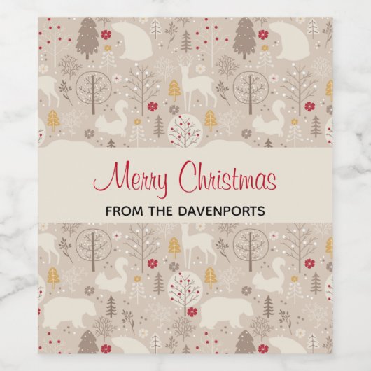 キュートなウッドランド動物の北欧パターンクリスマス ワインラベル (シングルラベル)