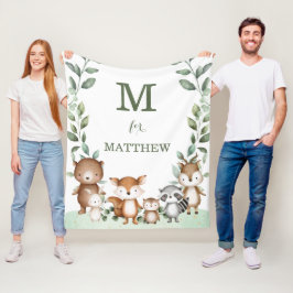 キュートなウッドランド動物緑のモノグラムベビー フリースブランケット