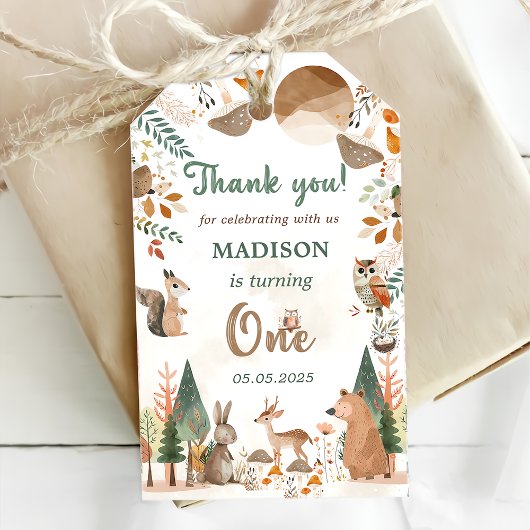 キュートなウッドランド動物1歳の誕生日パーティー ギフトタグ