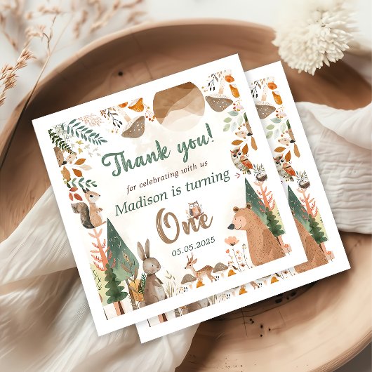 キュートなウッドランド動物1歳の誕生日パーティー スタンダードカクテルナプキン